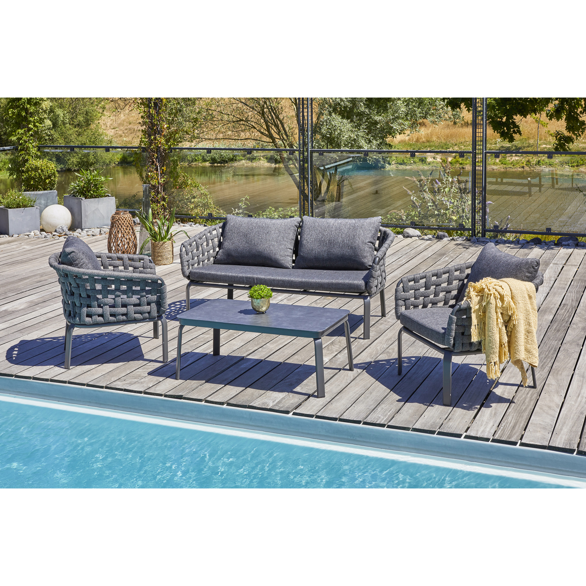 CAMARGUE - Salon de jardin 4 places en corde tissée et aluminium