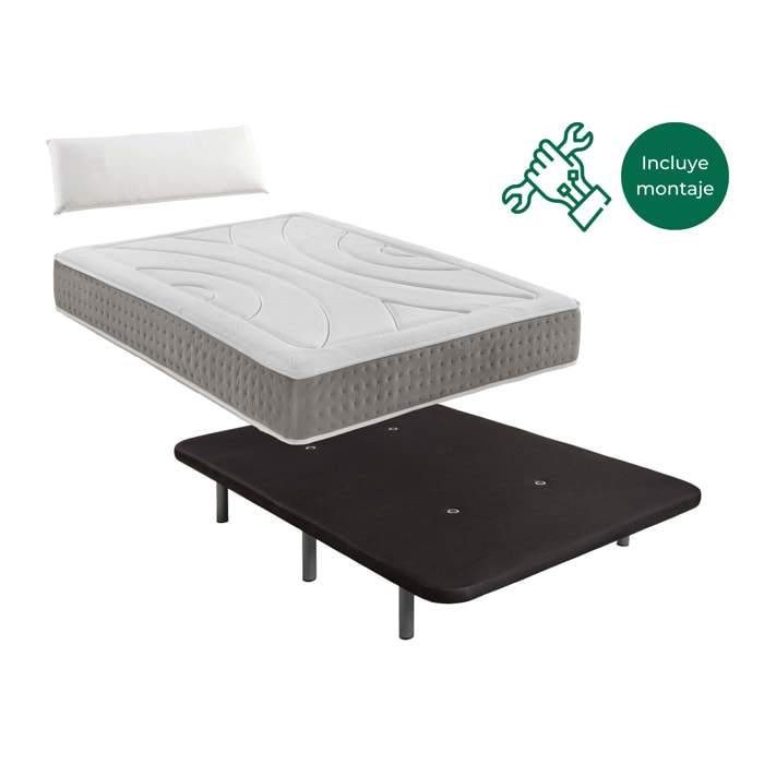 Pack de Base Tapizada Negra + Colchón viscoelástico con 1 almohada Nordic - Incluye Montaje