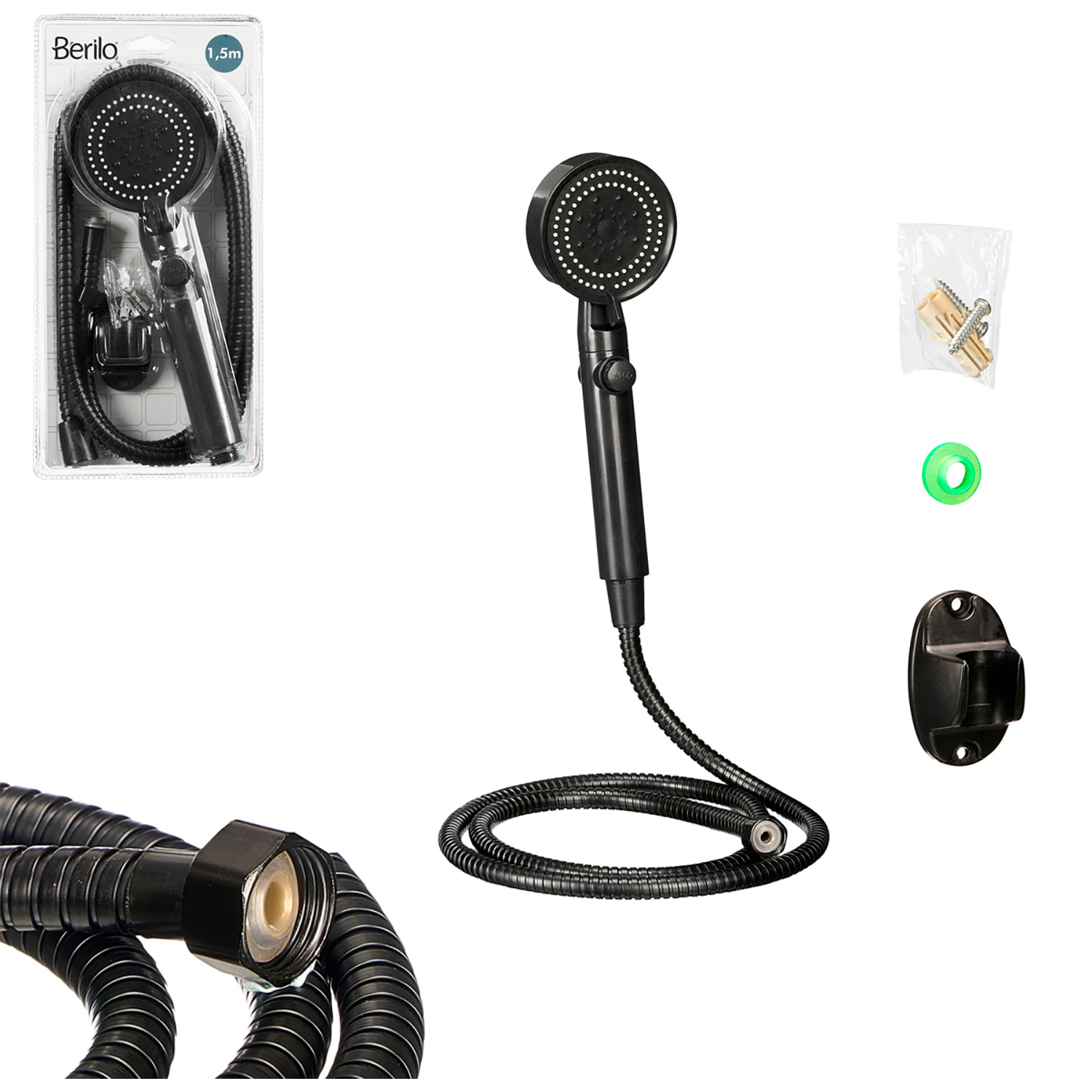 Teléfono negro para ducha con manguera de 1,5m de largo. Incluye soporte de pared.