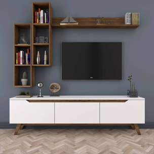 Mobile porta TV Dleonard, Credenza da soggiorno, Armadio basso per TV, Base parete attrezzata, 180x35h49 cm, Bianco e Noce