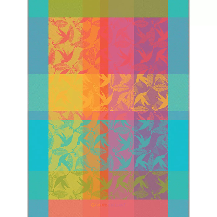 Torchon pur coton motif jacquard multicolore Mille colibris antilles