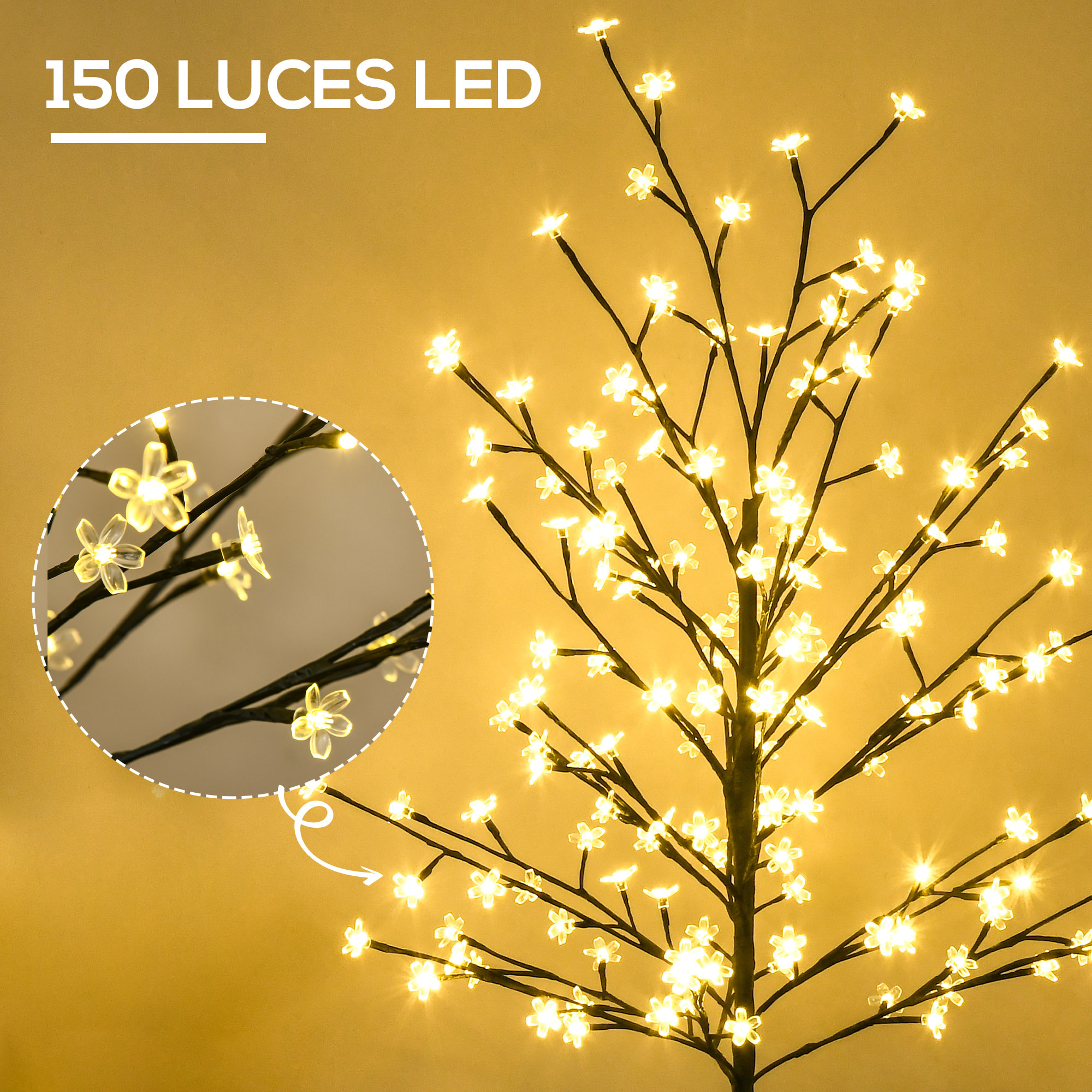 Luz de árbol de Cerezo con 150 Luces LED IP44 Ramas Flexibles 17x17x150 cm Negro