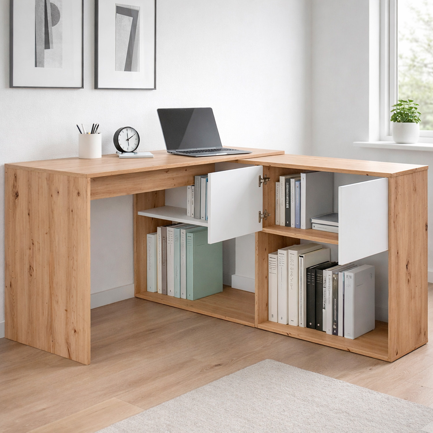 Scrivania Libreria Multiposizione Reversibile Salvaspazio Con 3 Configurazioni Verticale E Orizzontale Dimensioni: 140 x 108 x 70 Cm  Rovere E Bianco