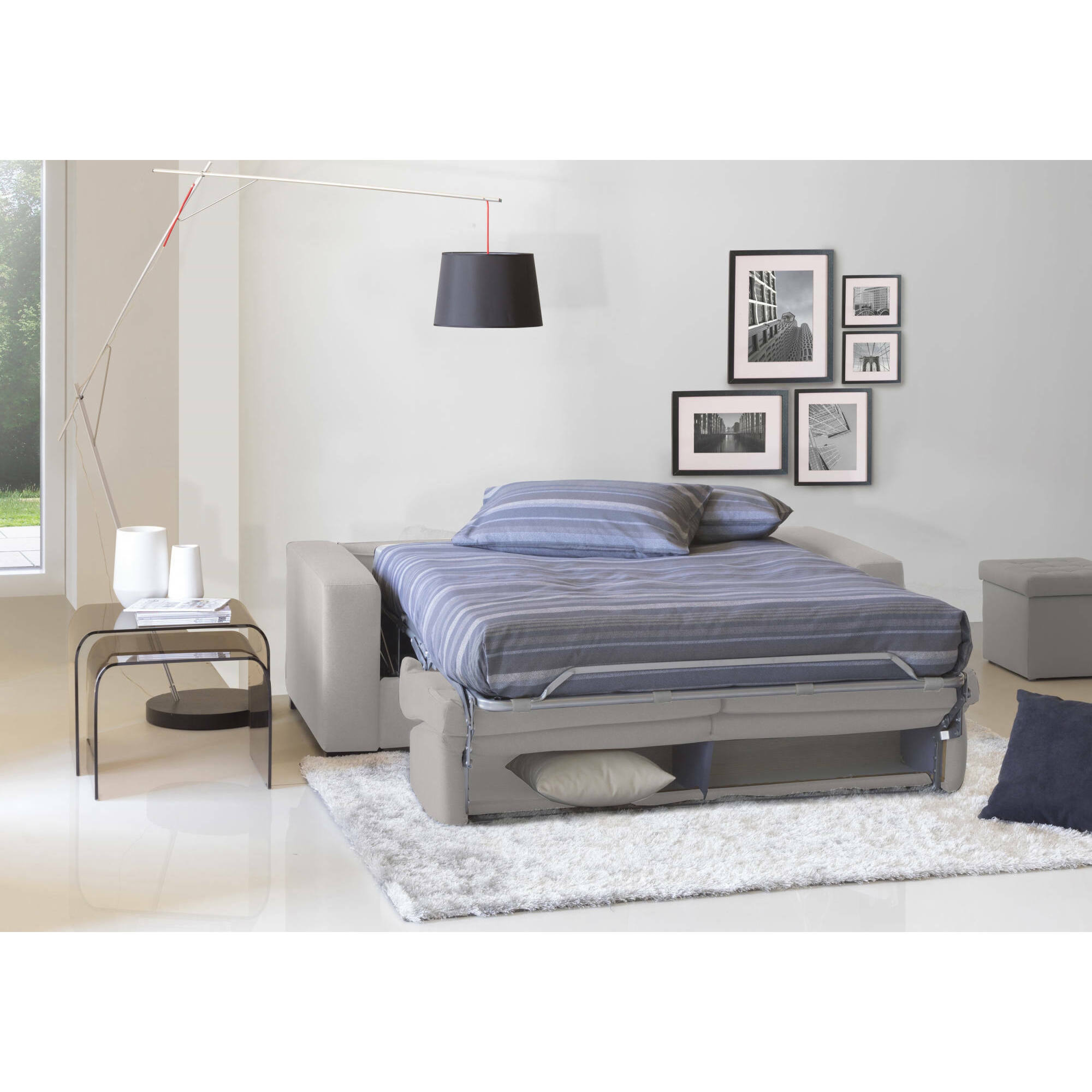 Divano Letto Alicia, Divano a 3 posti, 100% Made in Italy, Sofà Soggiorno con apertura girevole, in tessuto imbottito, con Braccioli slim, Cm 200x95h90, Grigio