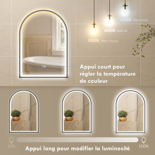 Miroir salle de bain LED design arche 50 x 70 cm anti-buée dimmable tactile réglable verre trempé alu noir