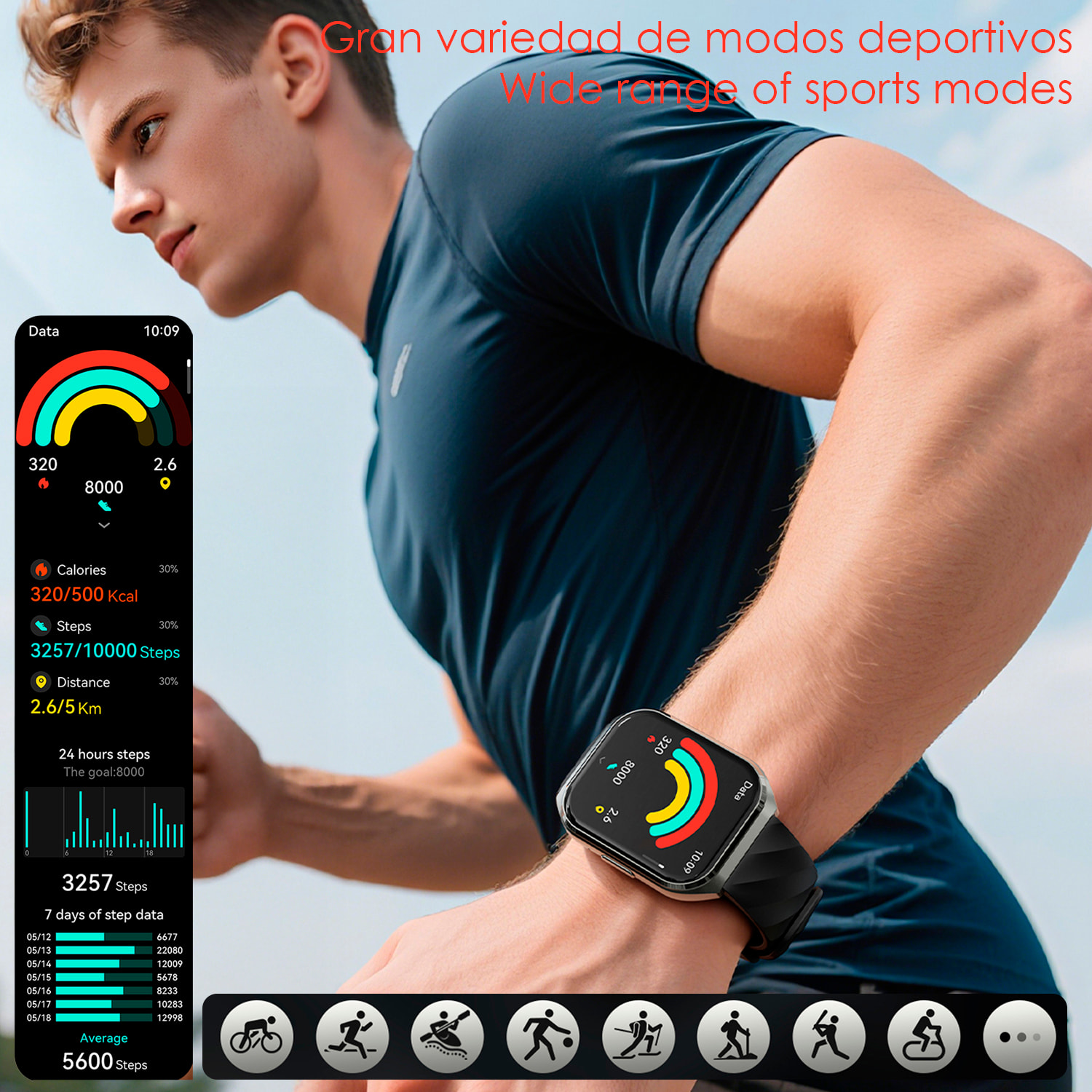 Smartwatch QS66. Pantalla de 1.83" con batería de larga duración. Llamadas Bluetooth, asistente de voz, monitor de salud y múltiples modos deportivos. Correa de cuero.