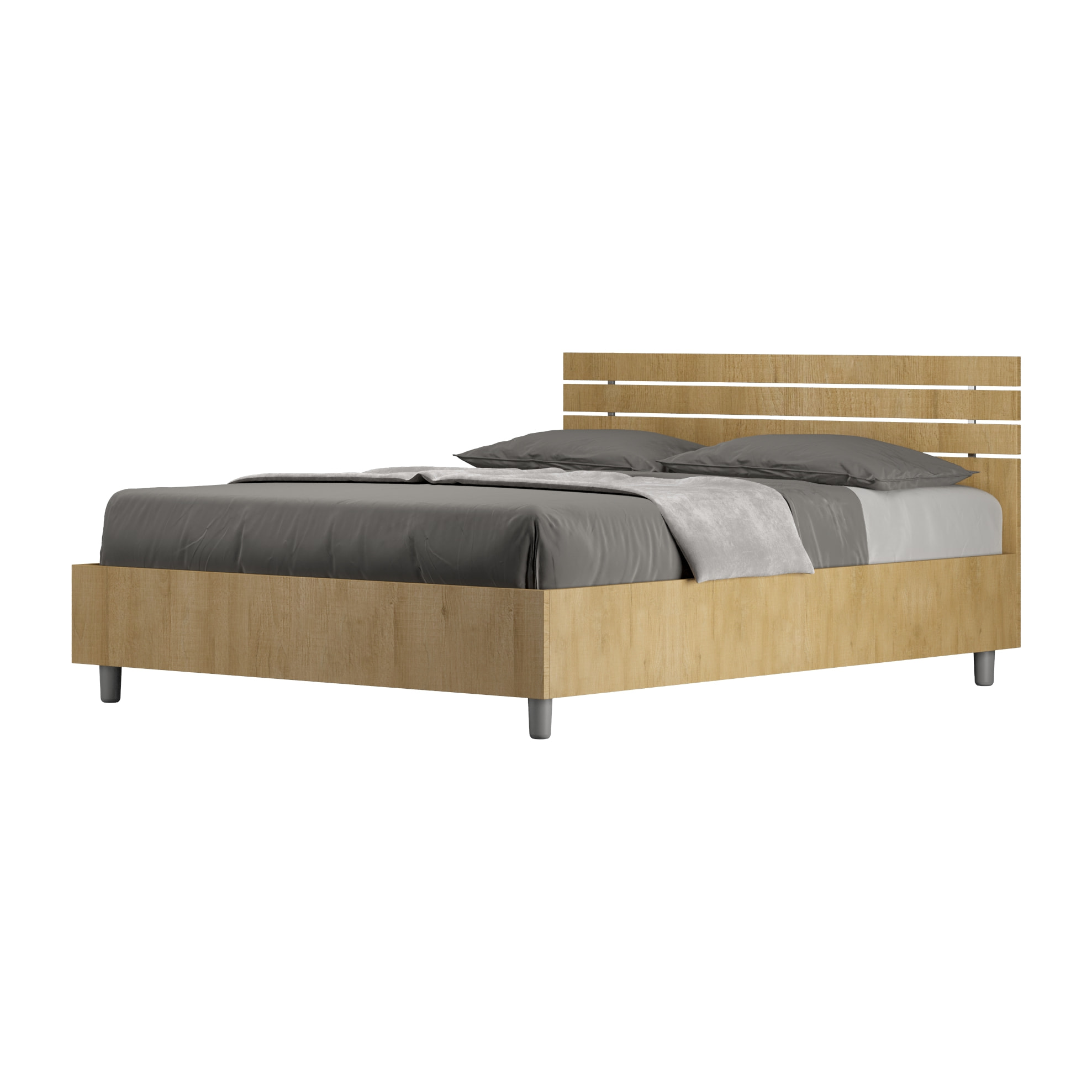 Cama con somier 140x190 con cabecera recta de listones roble natural Ankel