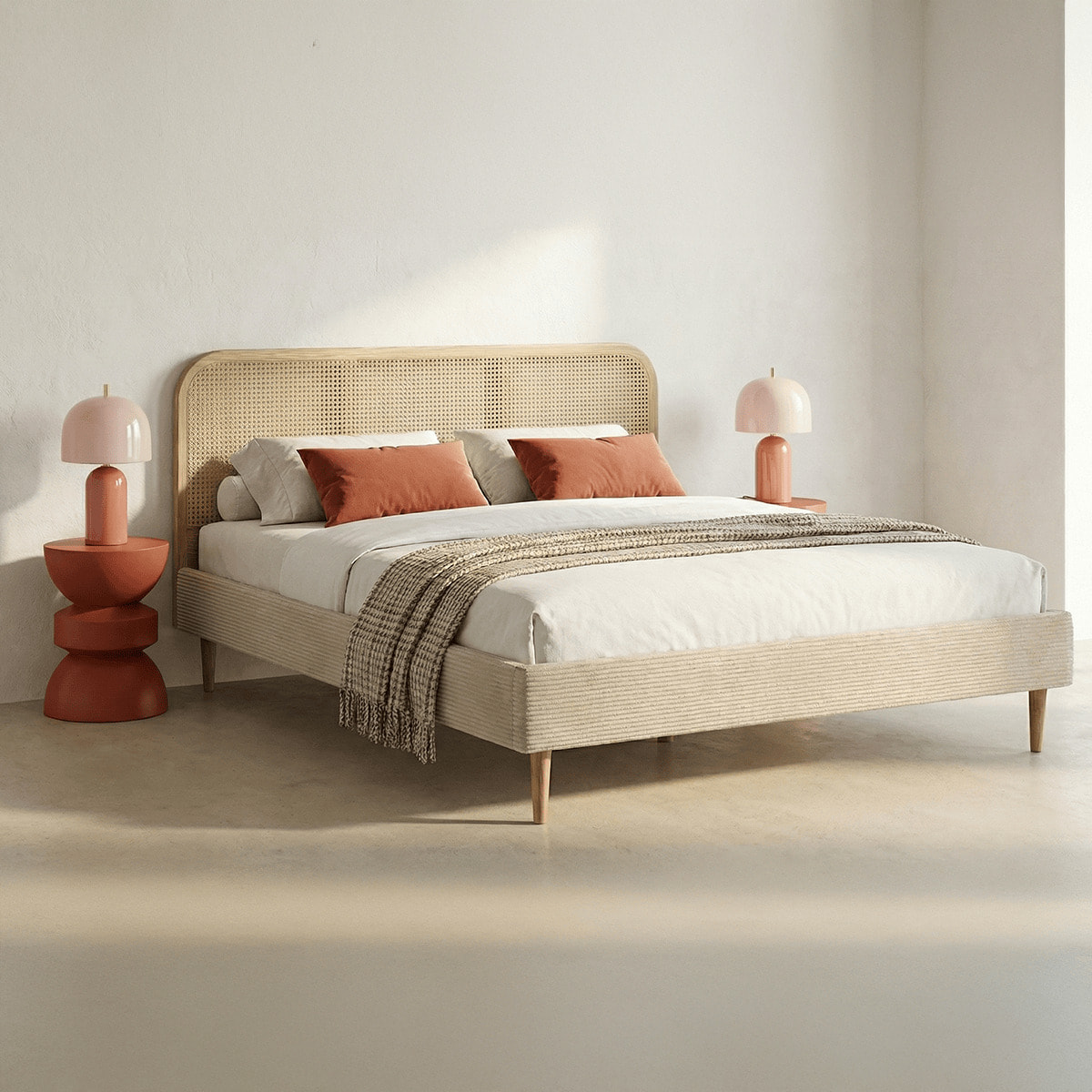 Lit en velours côtelé avec tête de lit en cannage - DALIA