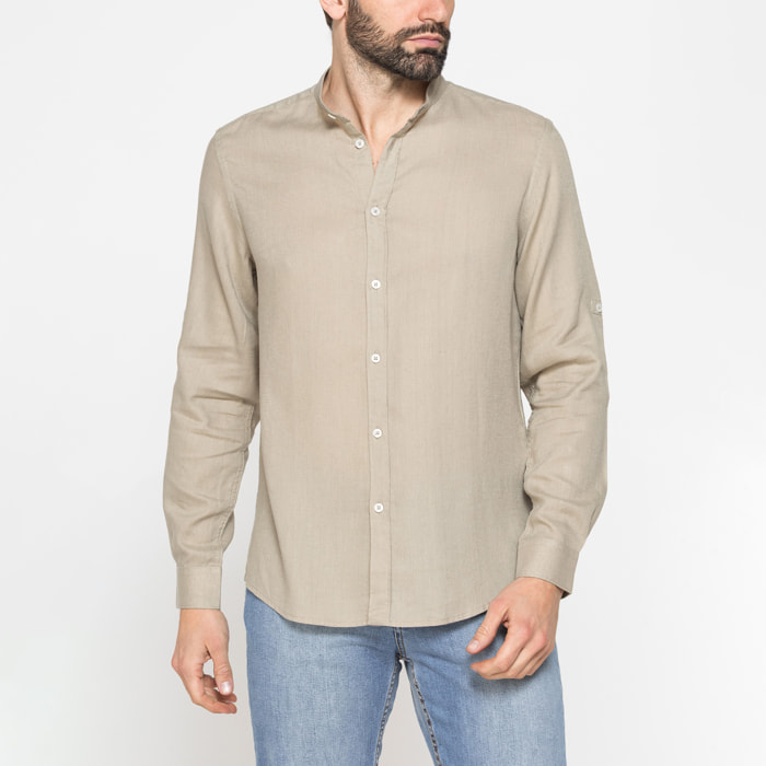 CAMICIA COREANA IN MISTO LINO E LYOCELL A TINTA UNITA