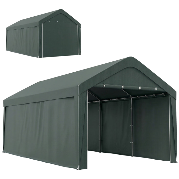 Carpa Garaje Portátil 3x6 m, Garaje Exterior para Coche Impermeable con Paredes Laterales Desmontables, Anti-UV, 2 Puertas Enrollables, Cobertizo para Herramientas de Jardín, Gris Oscuro