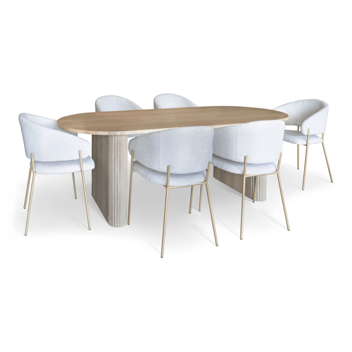 Ensemble table ovale et 6 fauteuils en tissu écru QUITO