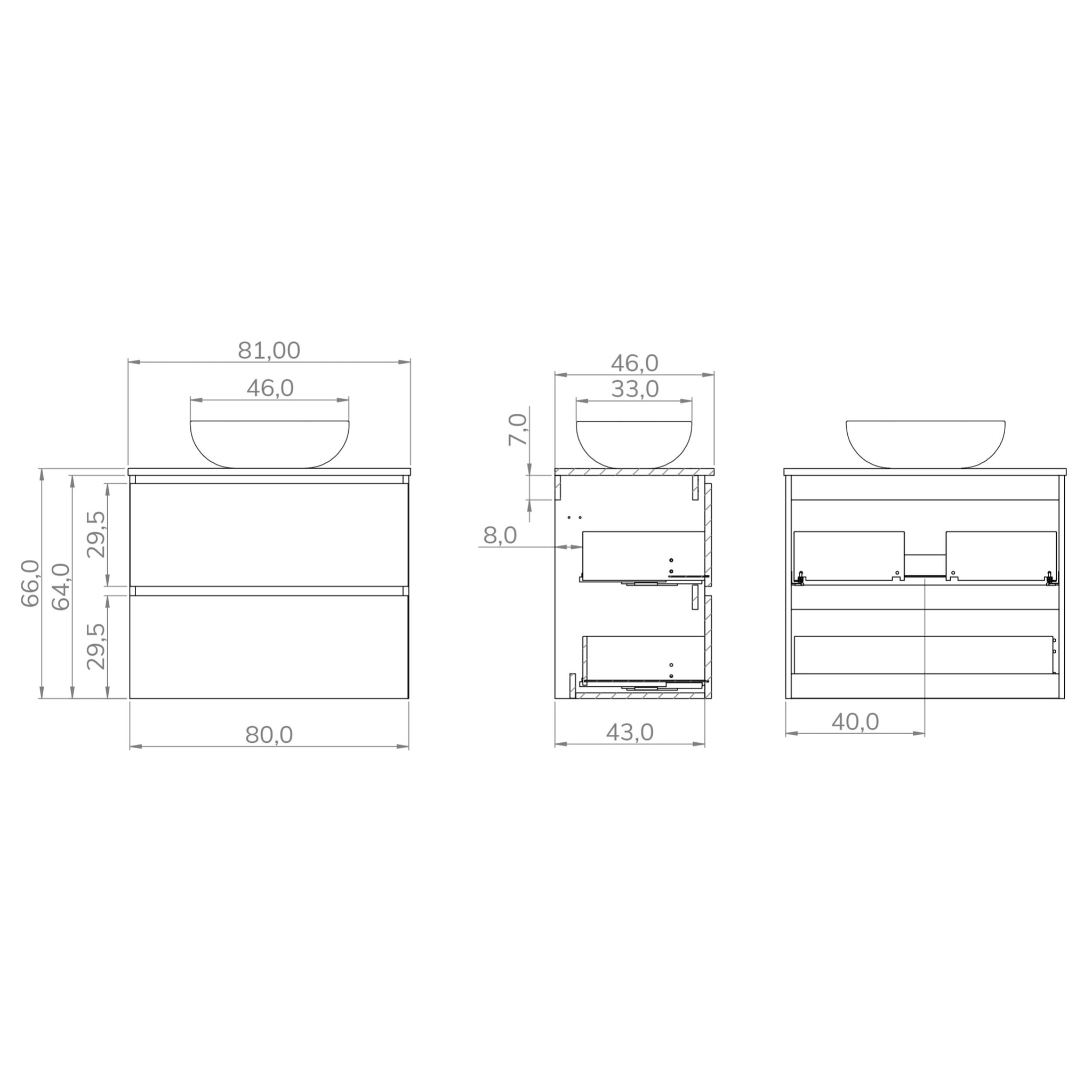 Conjunto de Baño Kaji | Mueble de Baño Suspendido | 80 cm Negro| Dos Cajones | Lavabo Ovalado sobre Encimera | No incluye Espejo | Alday