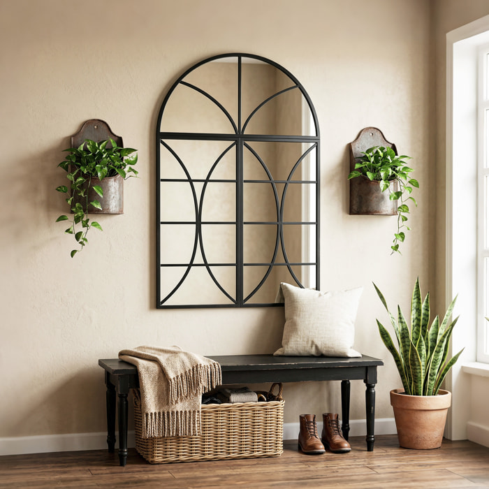 Miroir mural aspect verrière style classique chic 3 pièces métal noir verre 3 mm