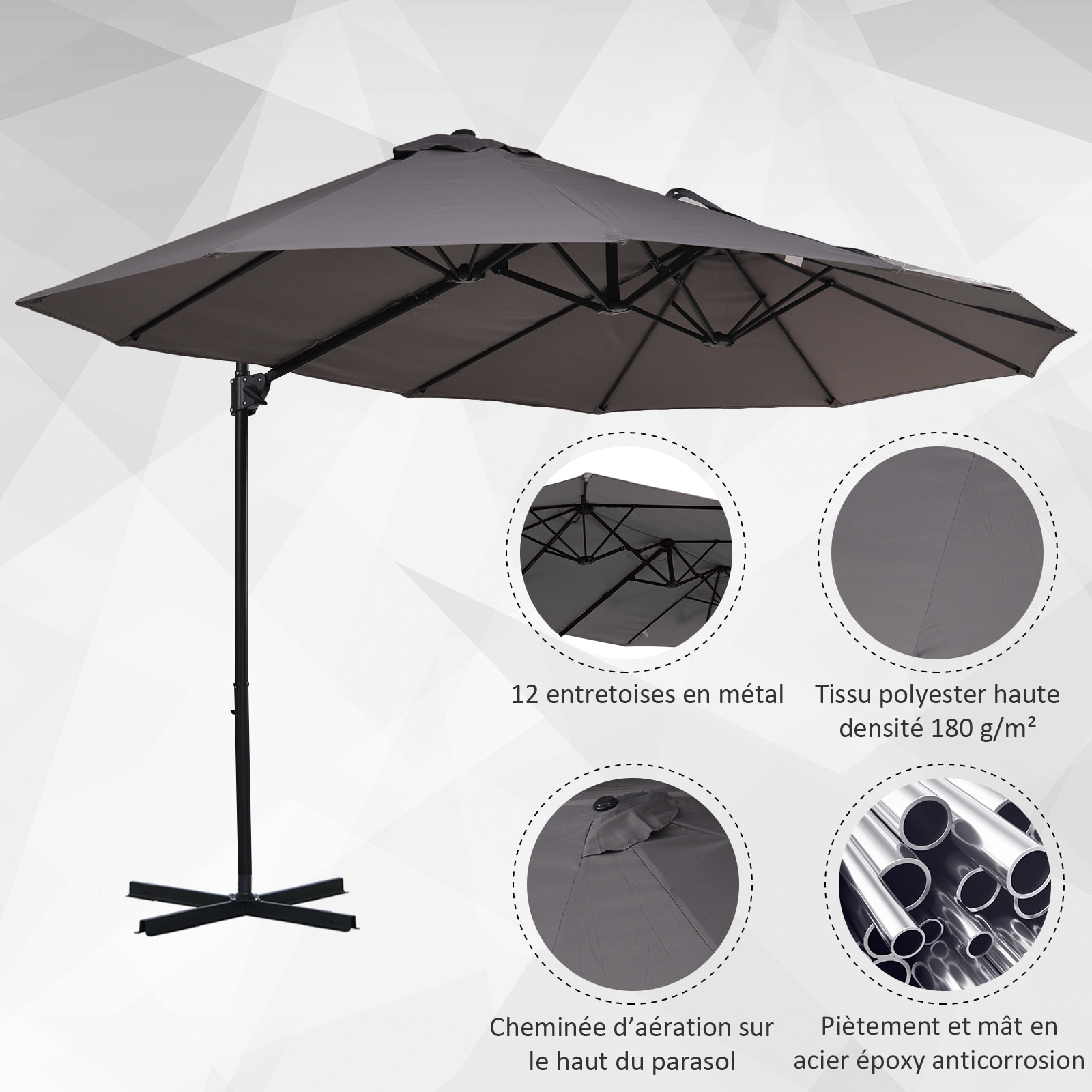 Parasol déporté grande taille XXL inclinable dim. 4,4L x 2,7l x 2,5H m piètement en acier inclus polyester gris