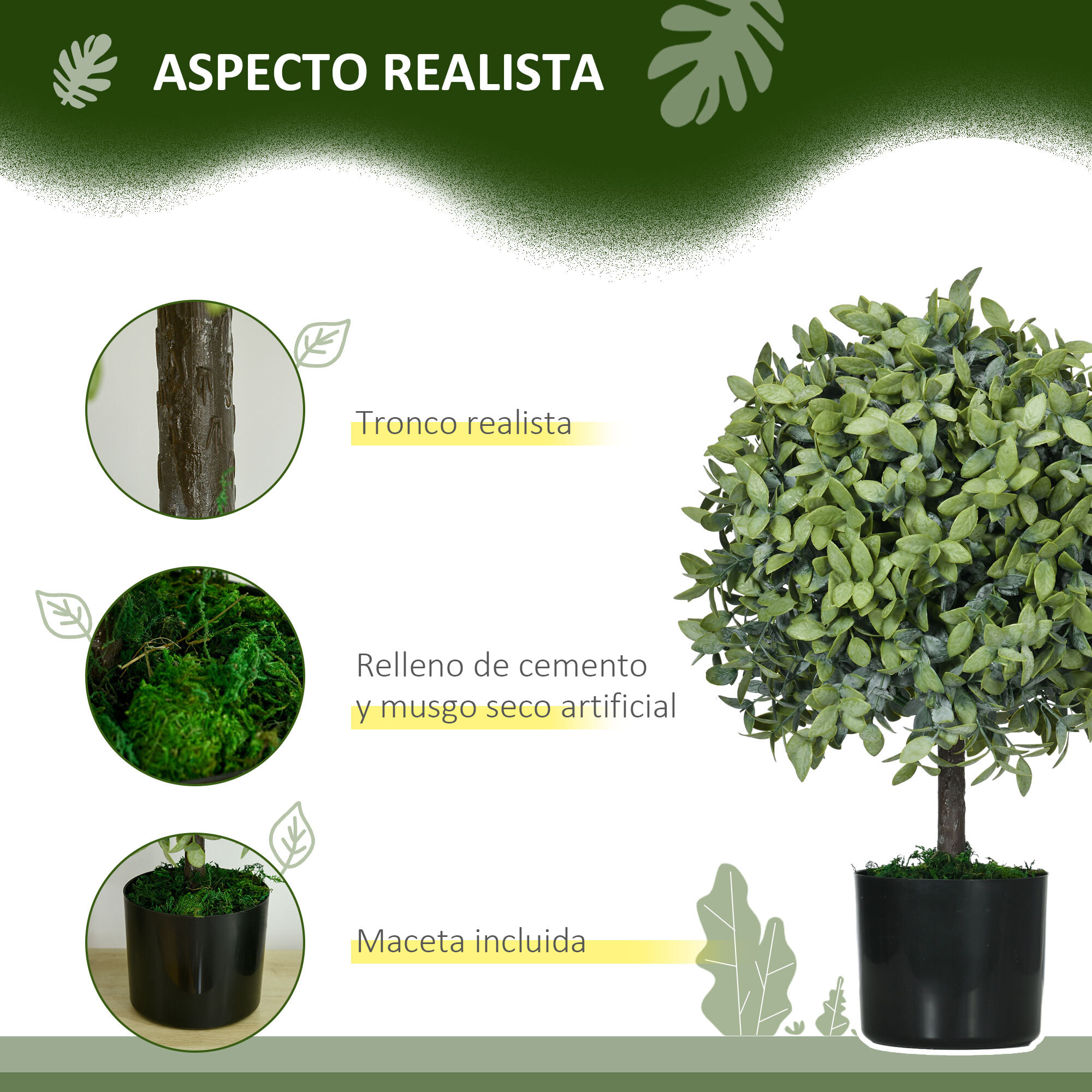 Juego de 2 Árboles de Té Artificiales 55 cm Planta Artificial con 343 Hojas Musgo y Maceta Planta Artificial Decorativa para Interior y Exterior Hogar Salón Oficina Verde