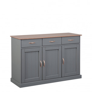 Buffet a 3 ante e 3 cassetti, in pino massello verniciato grigio con top e finiture color marrone, 131x45x86 cm