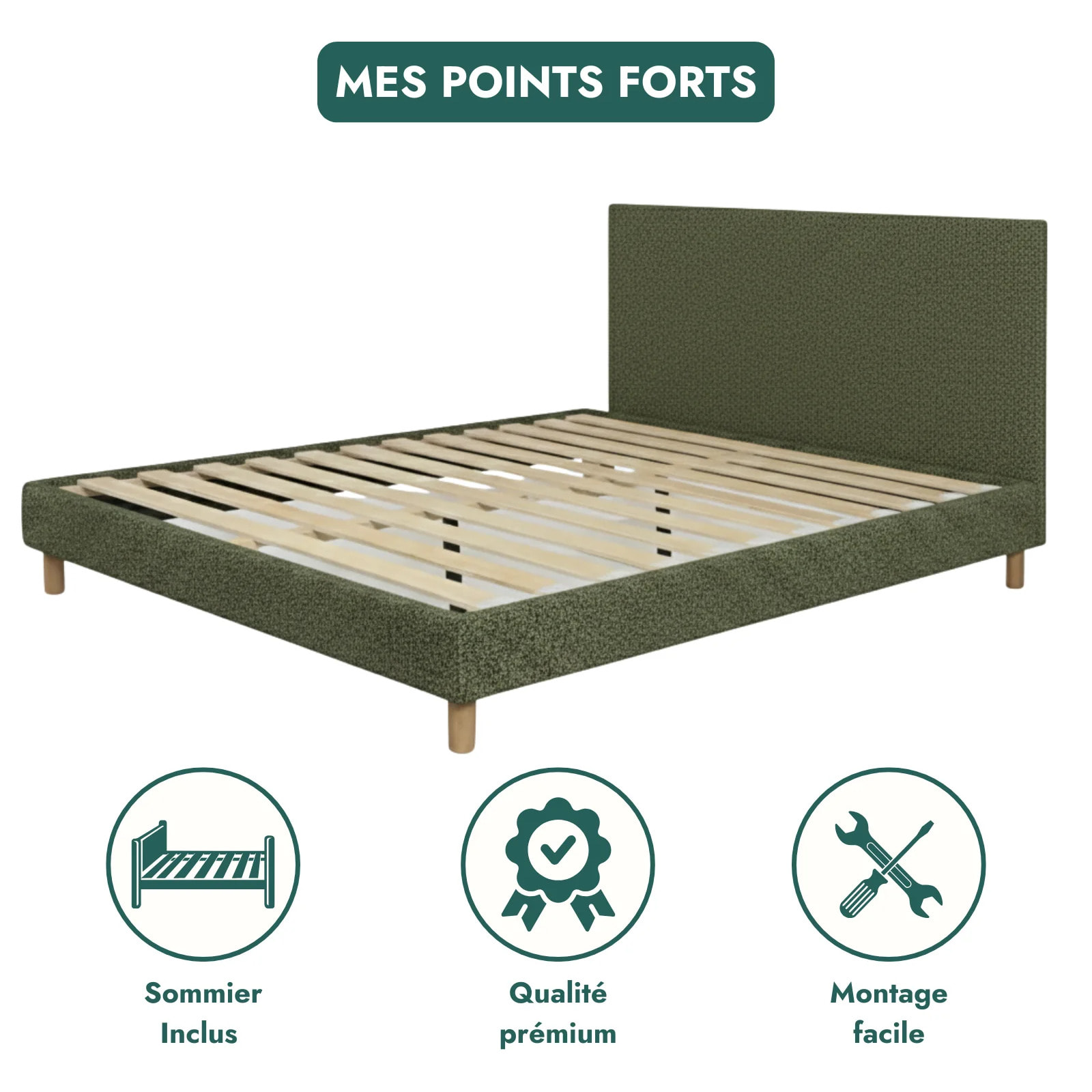 Lit Colisée avec tête de lit| Robuste et confortable | Montage simple rapide | Bouclette | Vert