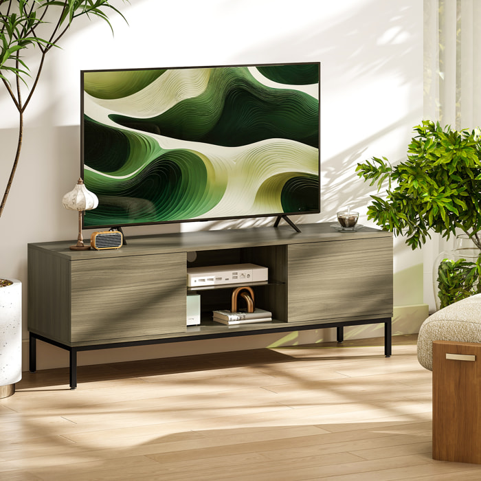 Meuble TV banc TV 2 portes étagère verre 140x40x49cm piètement acier noir effet bois gris