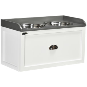 Gamelle double chien chat - porte-gamelles surélevé rangement 2 en 1 - tiroir, 2 gamelles - acier inox. MDF blanc gris