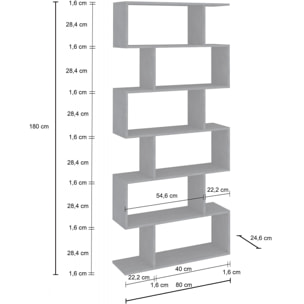 Libreria alta a zig zag a 6 scaffali aperti, Made in Italy, Scaffale per libri e documenti, Libreria da ufficio, cm 80x25h192, colore Grigio Cenere