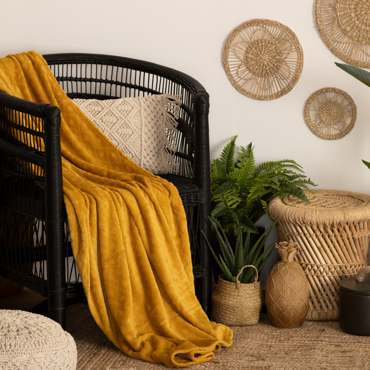 Plaid "3D Losange" flanelle jaune moutarde 180x230cm