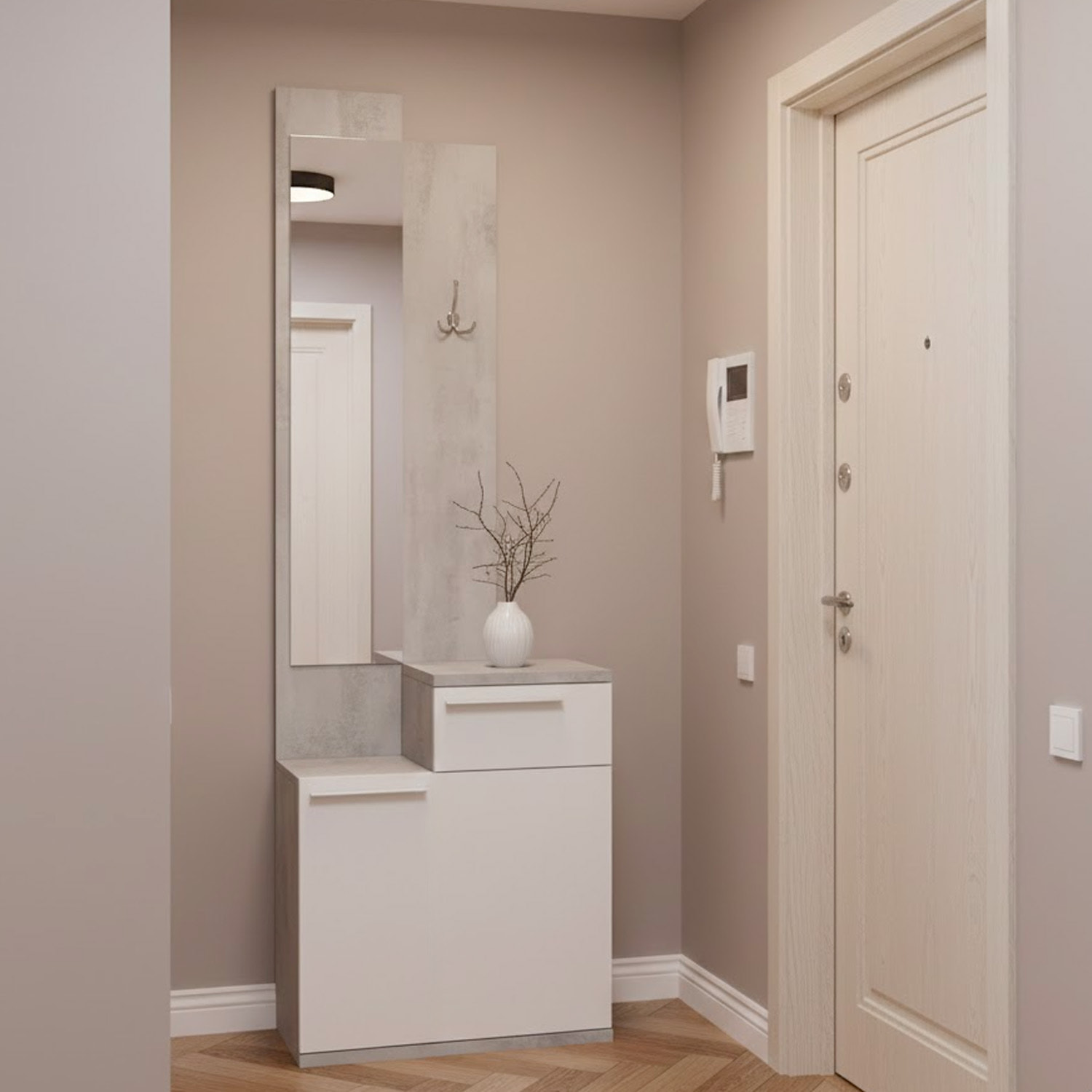 Mobile Da Ingresso Set Con Specchio E Scarpiera a Ribalta Mobile Salvaspazio Con Cassetto e Ripiani Per Ingresso 61x28x185 Cm Bianco E Grigio Cemento