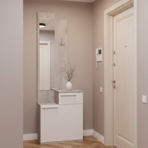 Mobile Da Ingresso Set Con Specchio E Scarpiera a Ribalta Mobile Salvaspazio Con Cassetto e Ripiani Per Ingresso 61x28x185 Cm Bianco E Grigio Cemento