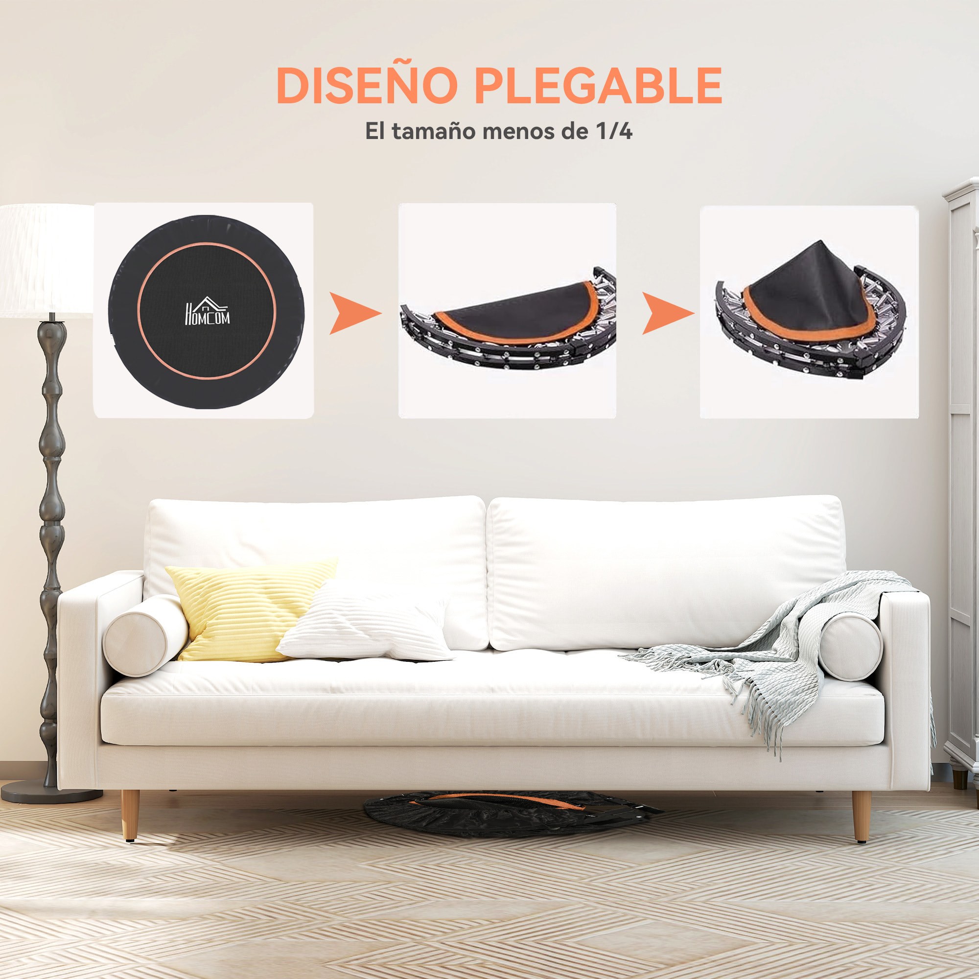 Trampolín de Fitness Adultos Ø114 cm, Cama Elástica Plegable con Mango Ajustable de 4 Niveles, Marco de Acero, para Entrenamiento Piernas, Cuerpo en Hogar, Oficina, Gimnasio, Naranja y Negro