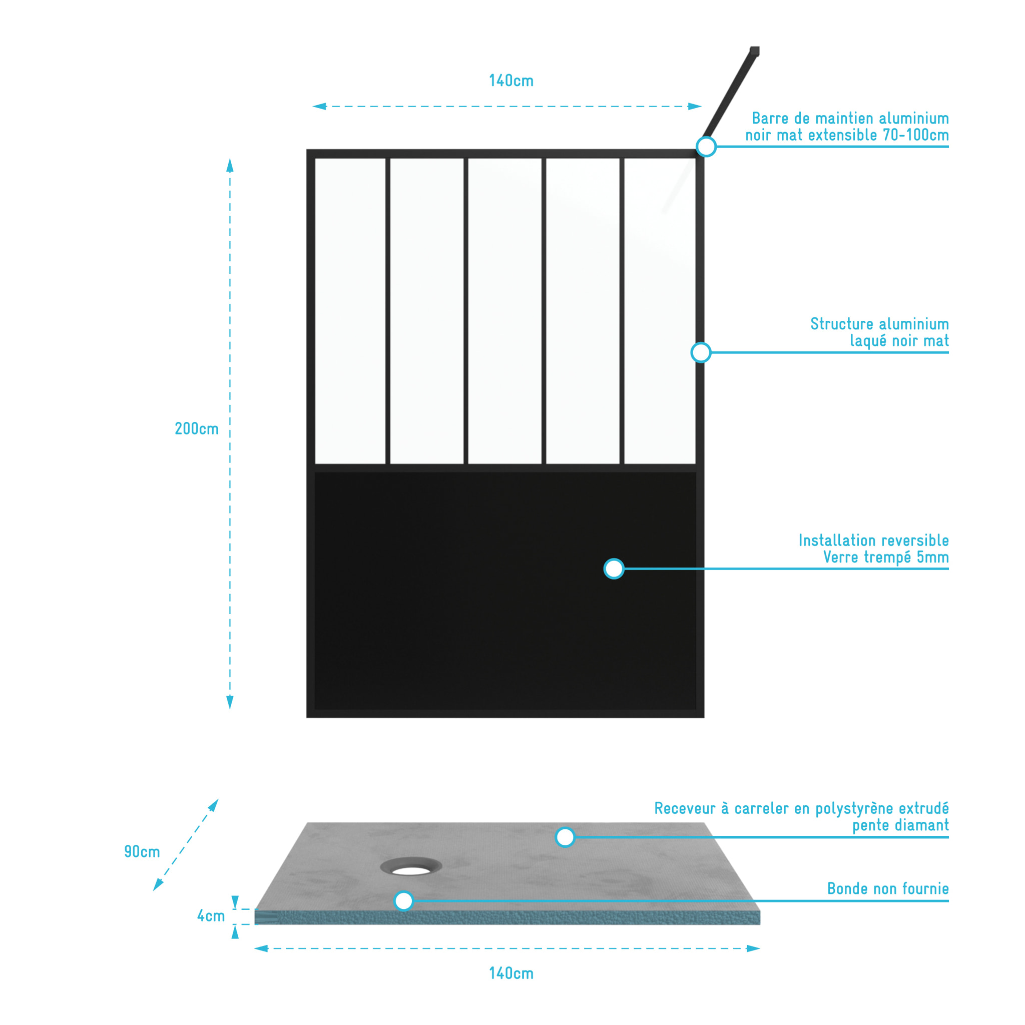Pack Paroi de douche 140x200 cm noir mat + Receveur de douche a carreler 140x90 cm recoupable