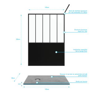 Pack Paroi de douche 140x200 cm noir mat + Receveur de douche a carreler 140x90 cm recoupable
