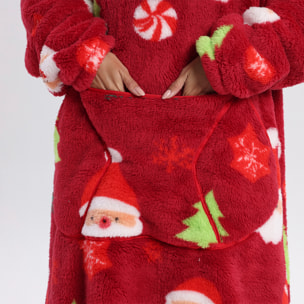Bata estilo sudadera y manta de felpa extrasuave. Triple bolsillo frontal tipo canguro. Diseño navideño tipo largo.