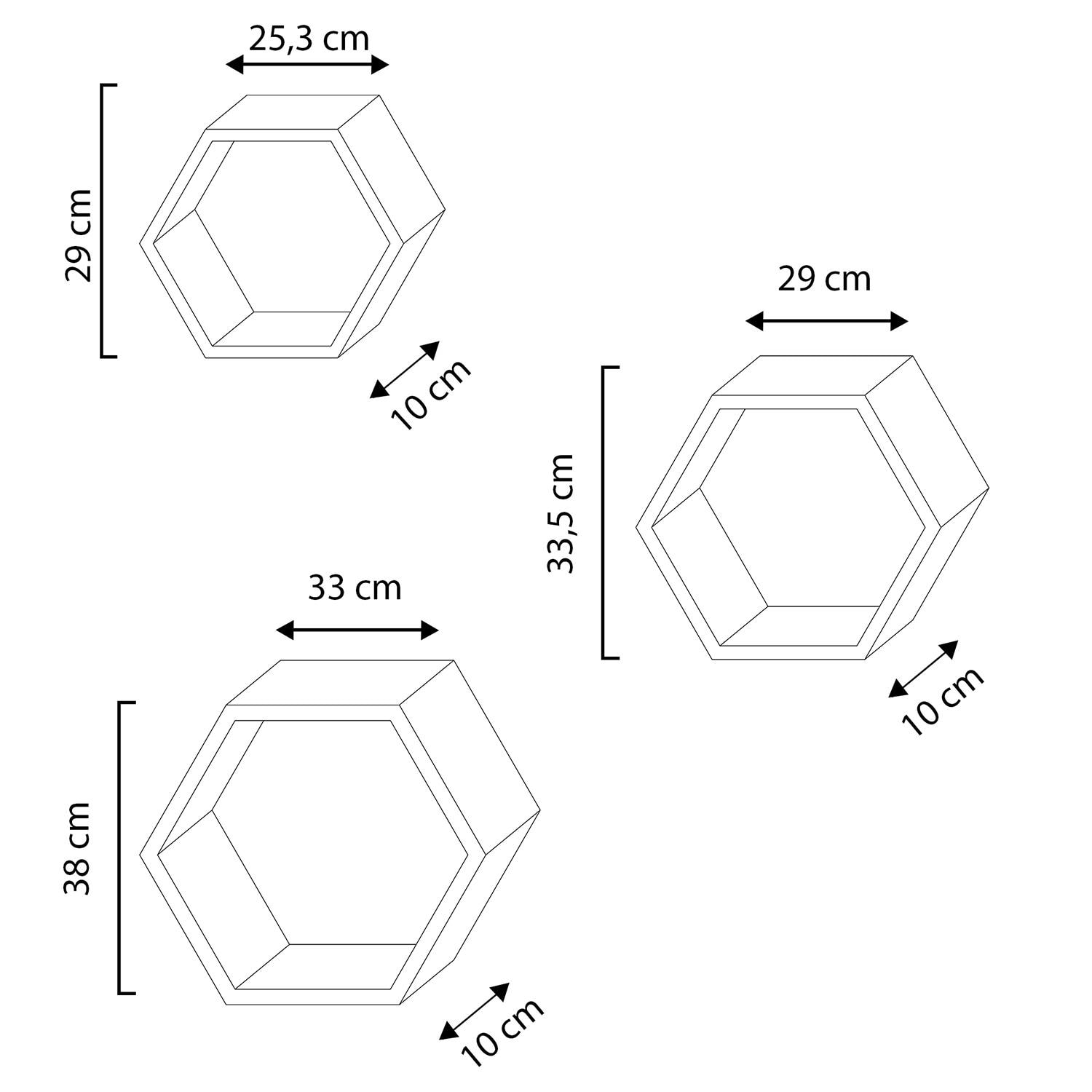 Set de 3 estantes de pared Nuno hexagonales Blanco, madera de Paulownia