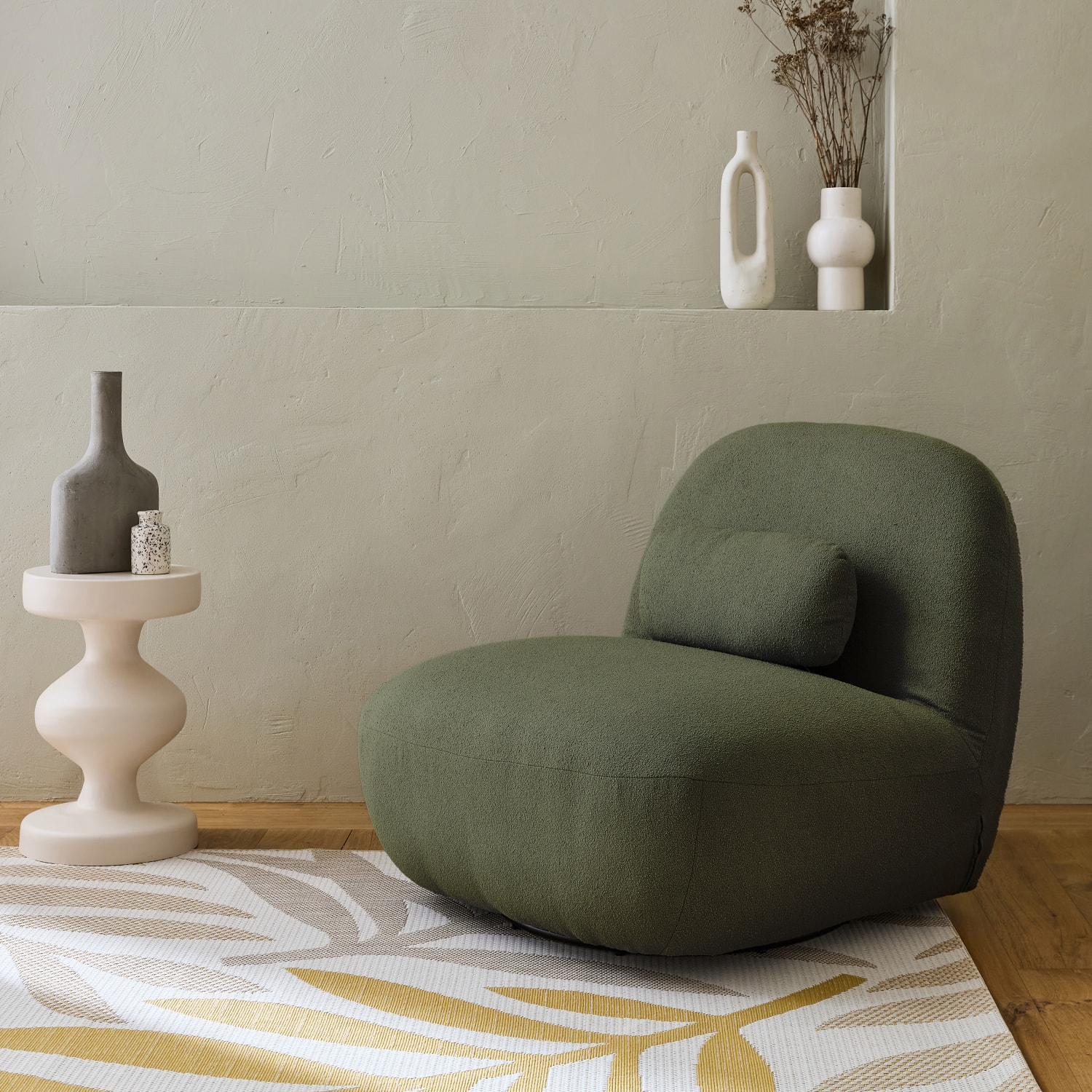 Fauteuil pivotant 360° en bouclette texturée vert kaki foncé . piètement en métal noir mat - SPINO