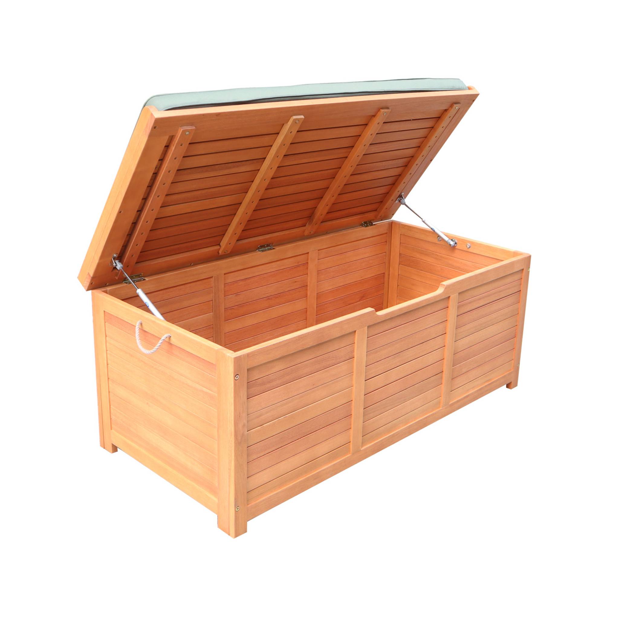 Coffre de jardin 200L en bois - Caja kaki - 125x60cm rangement coussins avec 2 vérins et poignées