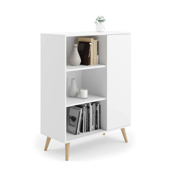 Credenza a 1 anta e 2 ripiani, Buffet con piedini, Madia da soggiorno in stile scandi, Libreria con scaffali, cm 40x90h116, colore Bianco