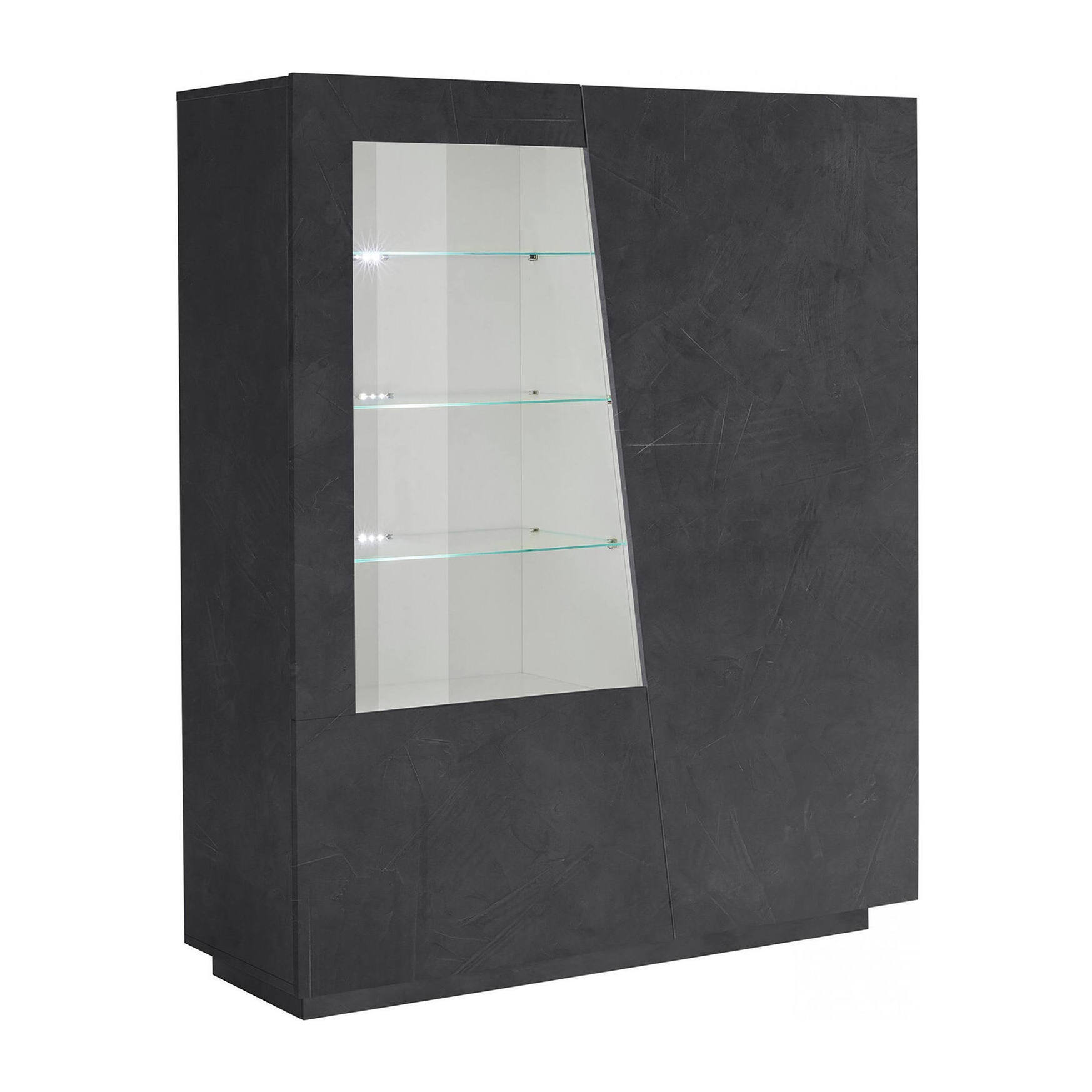 Vetrina moderna con anta a vetro, Made in Italy, con luce LED bianca, Credenza con ripiani, Vetrinetta da soggiorno, cm 120x43h146, colore Grigio Ardesia