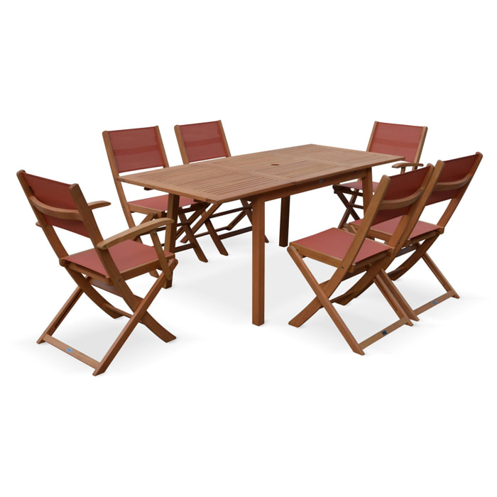 Table de jardin extensible bois d'eucalyptus + 6 assises - Almeria - Table 120/180cm avec rallonge. 2 fauteuils et 4 chaises. en bois d'Eucalyptus huilé et textilène terra cotta