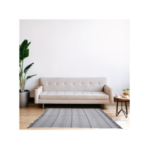 Tapis en coton brodé lignes et chevrons gris clair avec franges - MINA