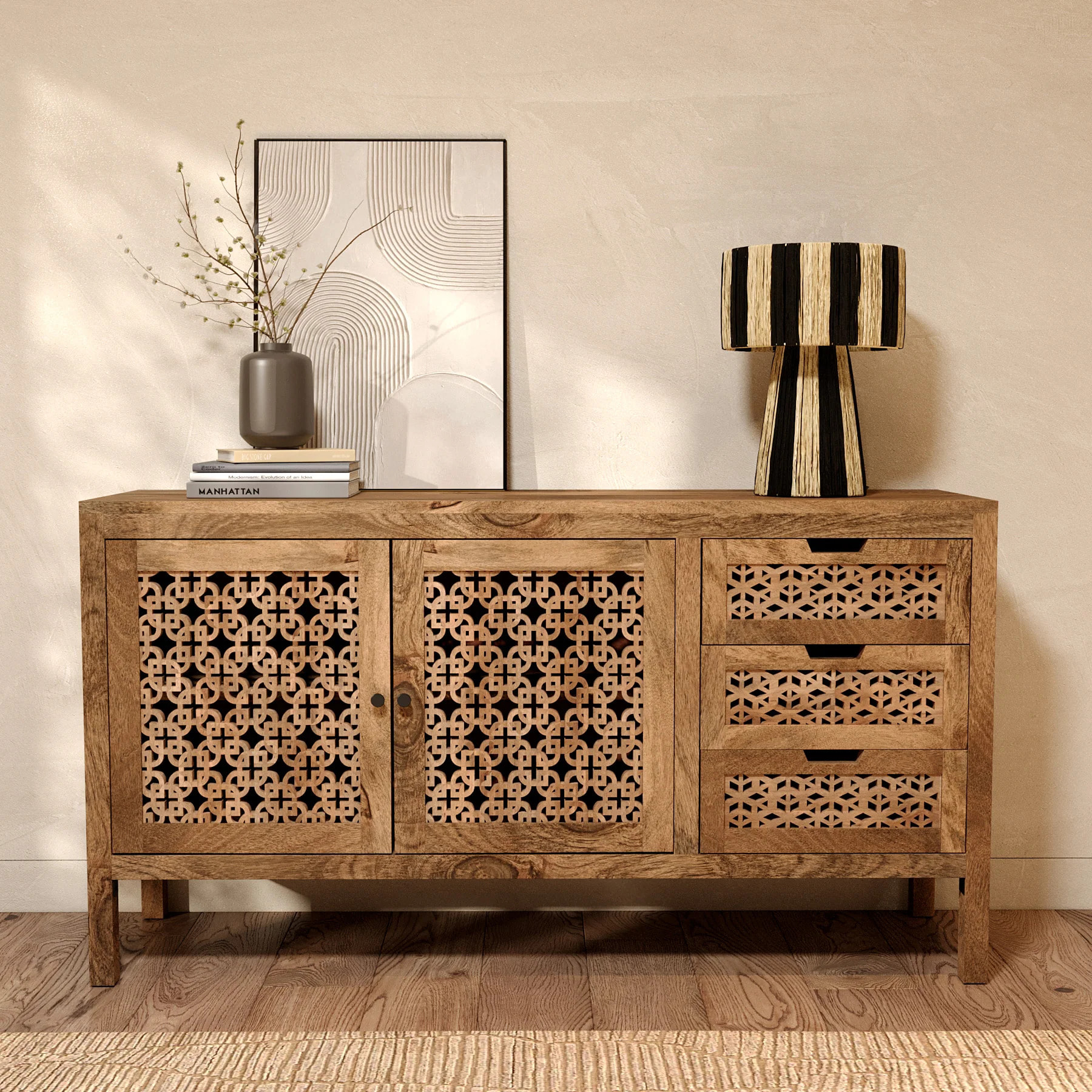 Lampe rayée noire en feuille de palmier - Soléa