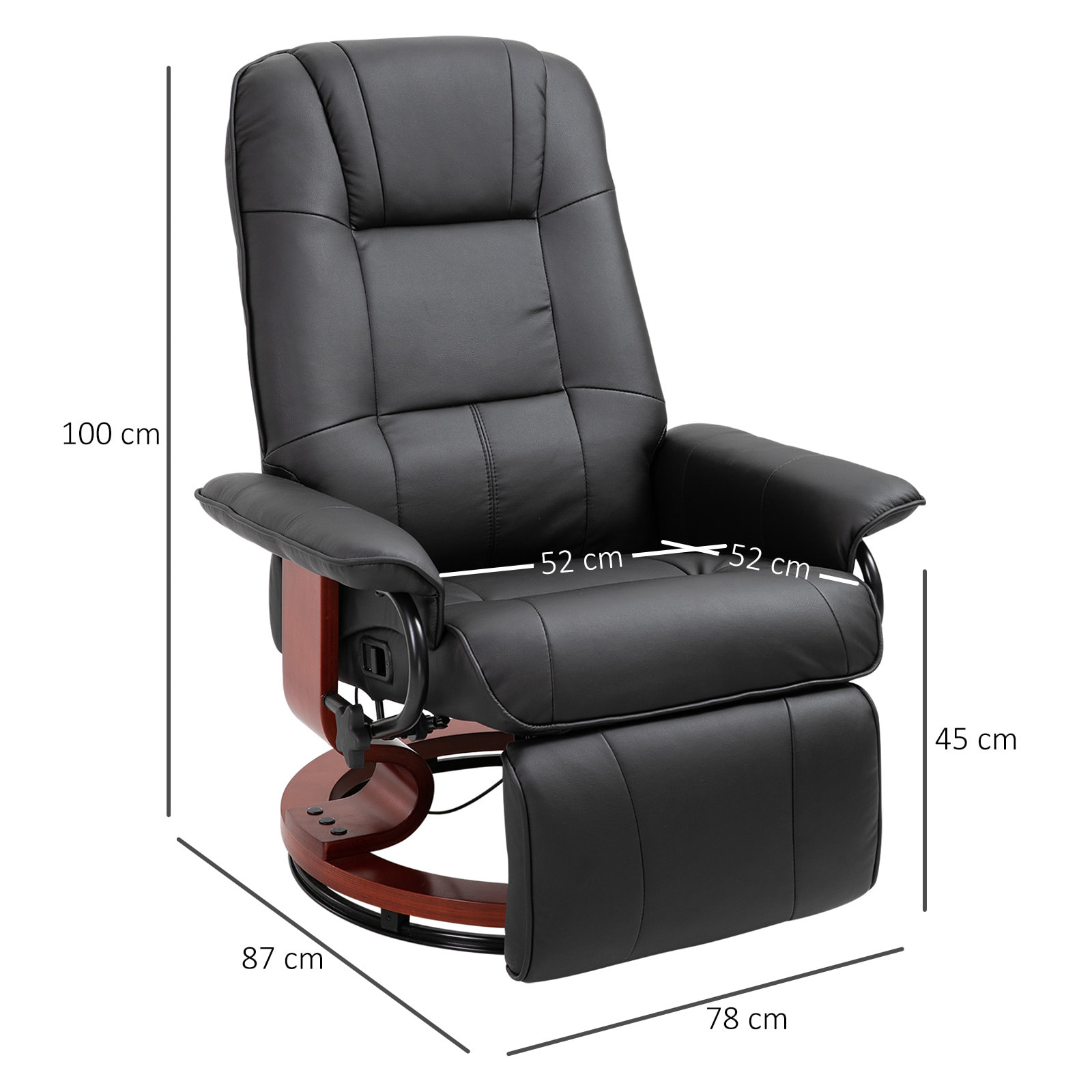 Fauteuil relax inclinable repose-pieds réglable pivotant 360° piètement bois revêtement PU noir