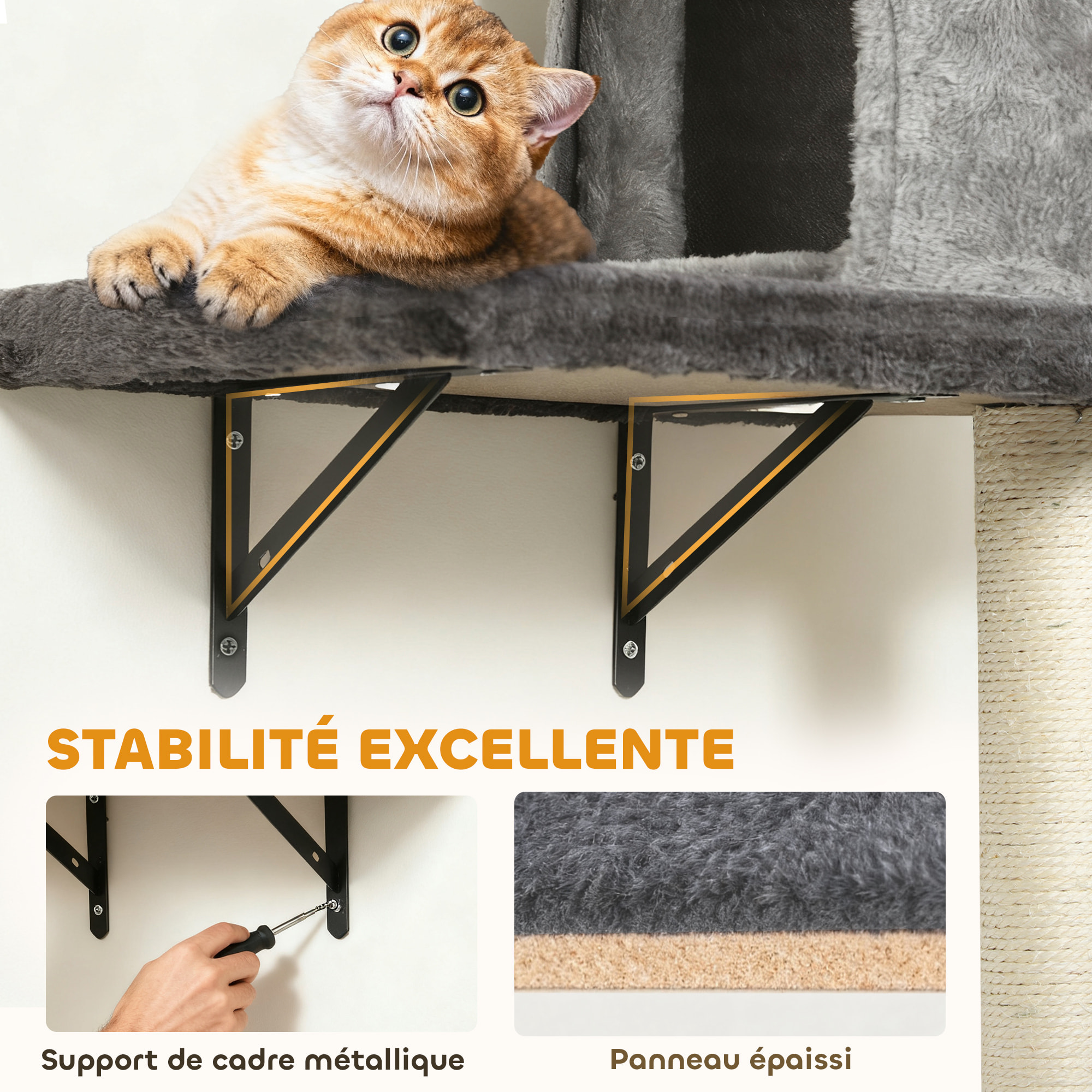 Arbre à chat design mural - parcours mural en bois pour chat 5 pièces variées - crème gris
