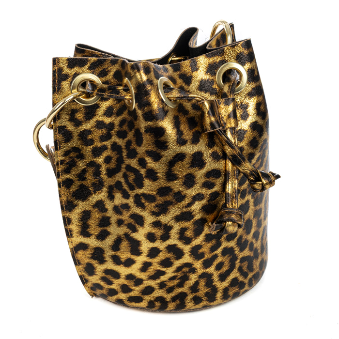 Primavera borsa a mano donna. Pelle scamosciata autentica con stampa animalier leopardata e finitura lucida.