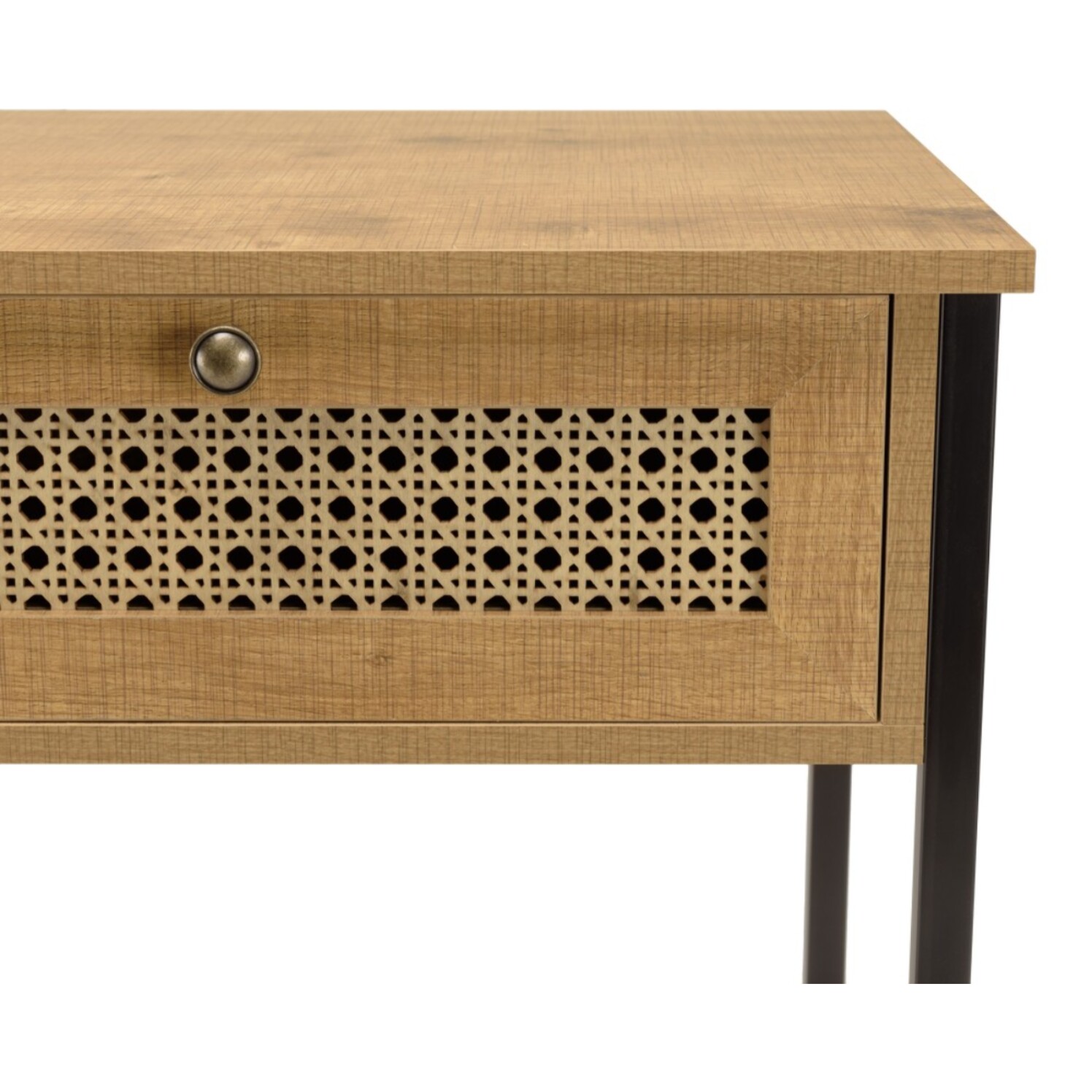 CHARLIE - Console bois marron 2 tiroirs 1 étagère cannage pieds métal