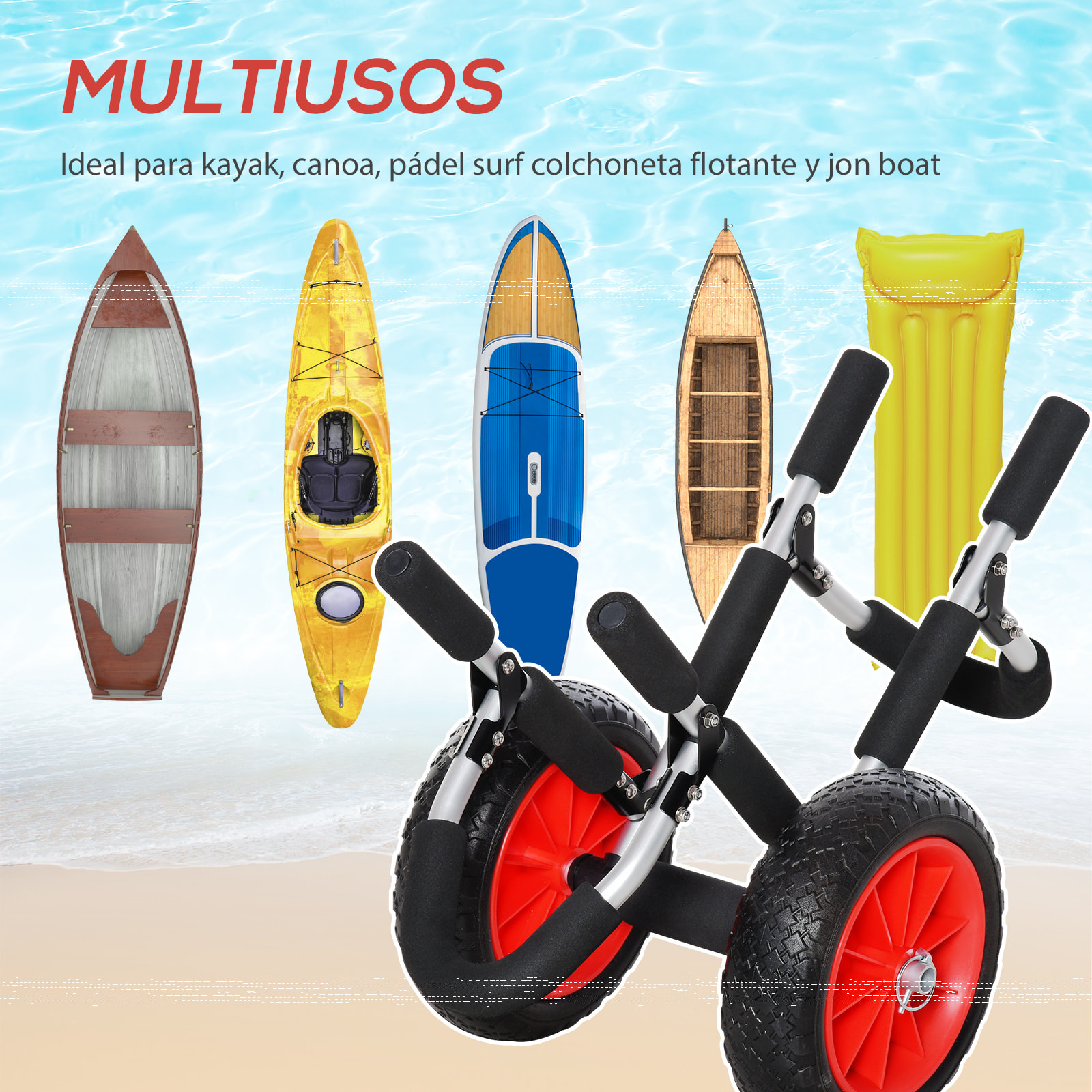 Carrito de Tablas de Surf Carrito de Transporte Plegable con 2 Ruedas Carga 45 kg y Marco de Aluminio para Tablas de Surf con Espesor Inferior a 12,5 cm 64x55x38,5 cm Negro y Rojo