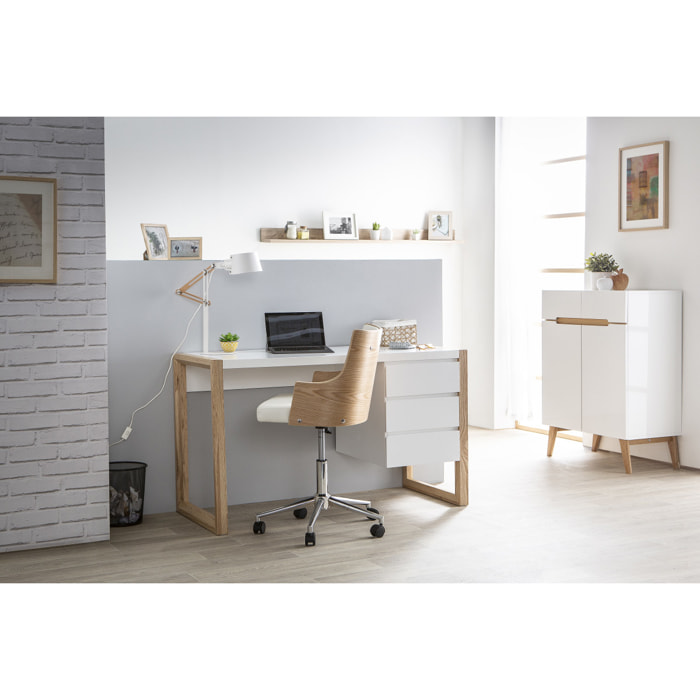 Bureau avec rangements 3 tiroirs scandinave blanc mat et bois clair frêne massif L130 cm ARMEL