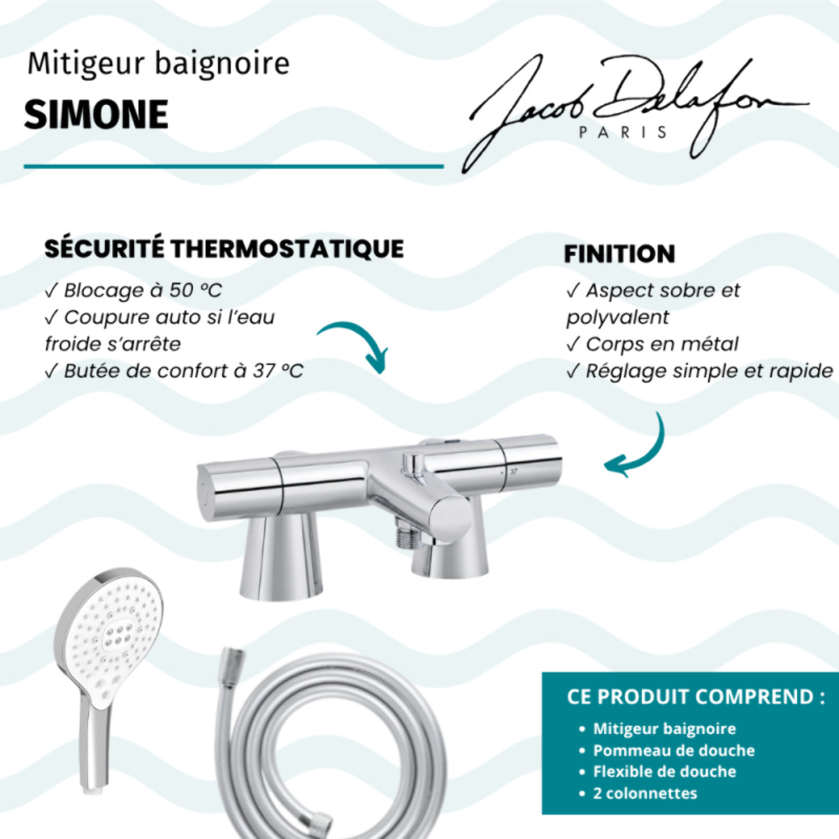 Mitigeur baignoire Simone + pommeau de douche Metro signature + flexible de douche lisse + colonnettes