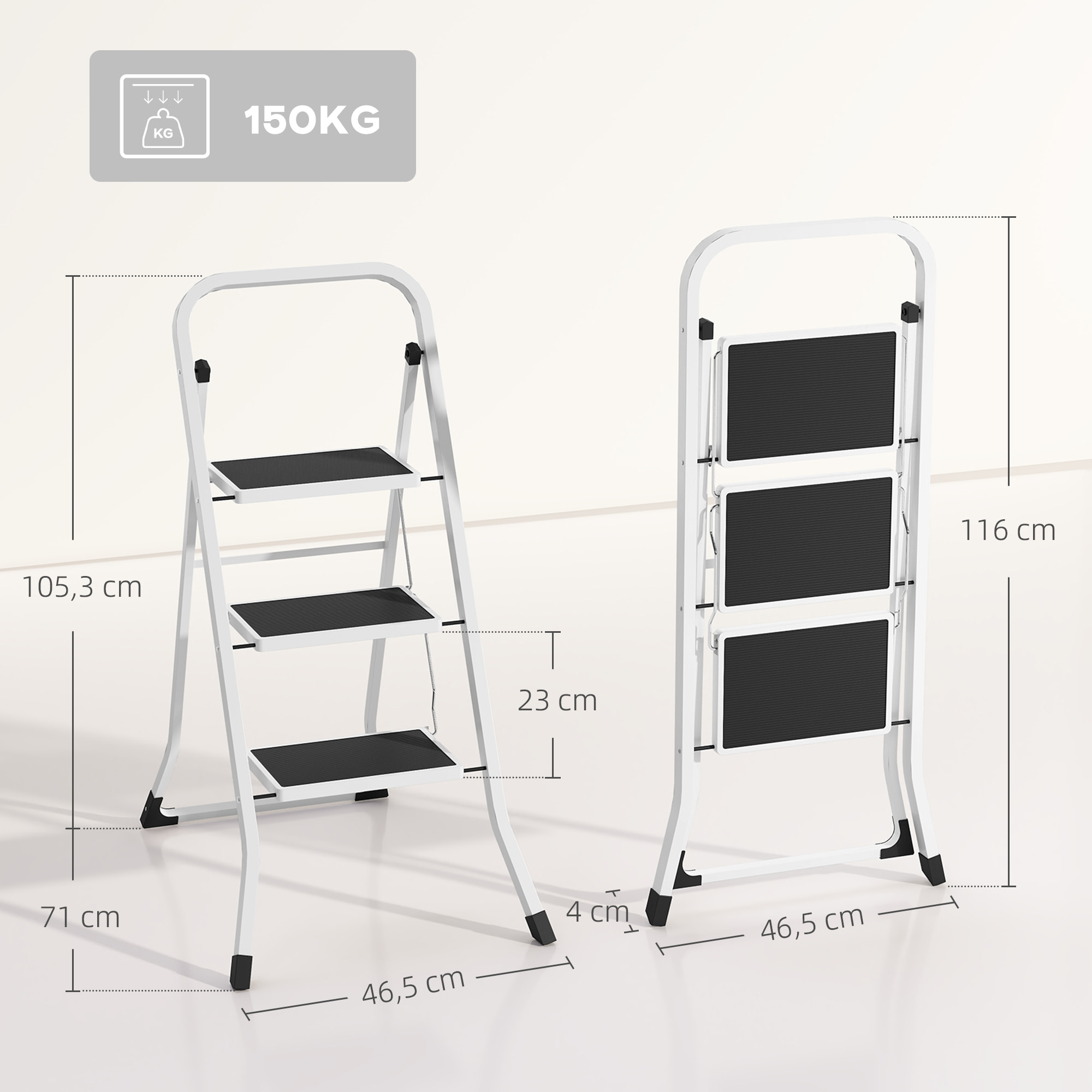 Escalera Plegable de 3 Peldaños Escalera de Tijera Carga hasta 150 kg con Pedal Antideslizante Fácil de Guardar y Transportar para Hogar Cocina Oficina Blanco