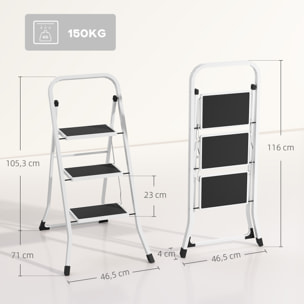 Escalera Plegable de 3 Peldaños Escalera de Tijera Carga hasta 150 kg con Pedal Antideslizante Fácil de Guardar y Transportar para Hogar Cocina Oficina Blanco