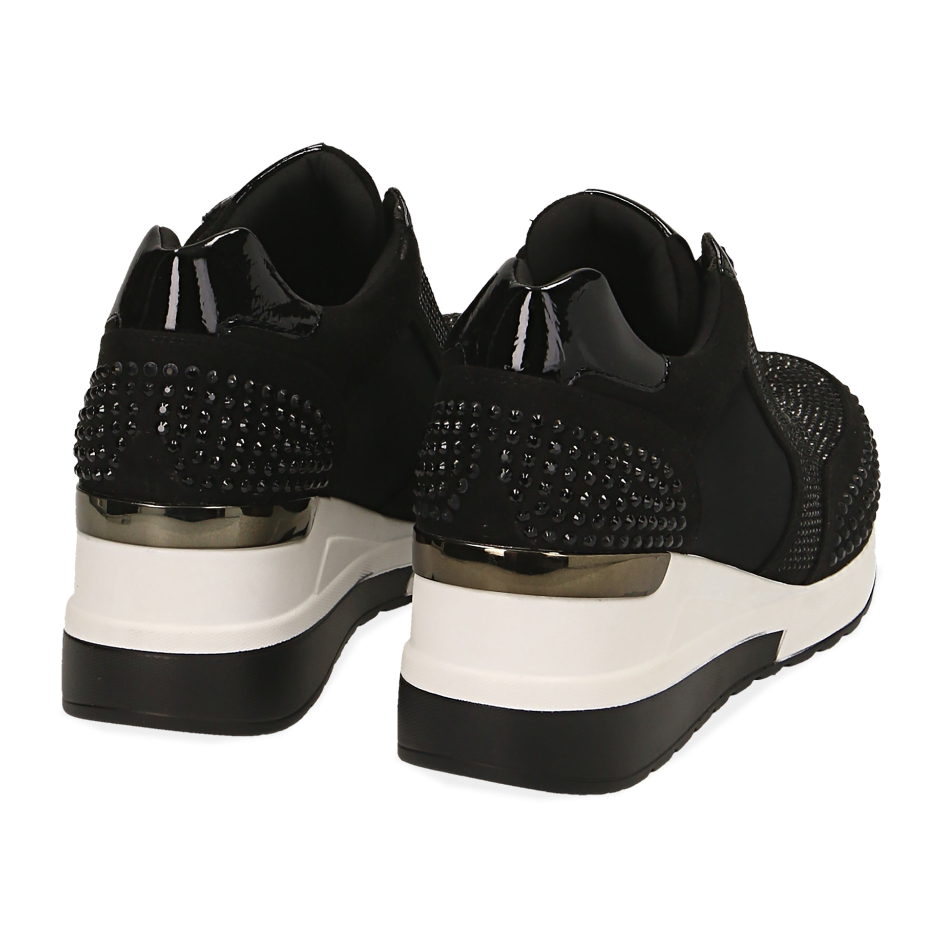 Sneakers negras en lycra con strass, cuña 6 cm