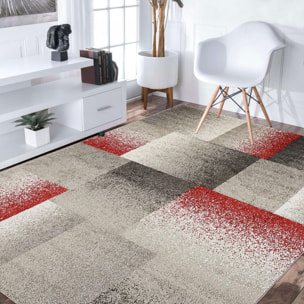 Tapis Kuje motif géométrique destructuré, rouge, gris